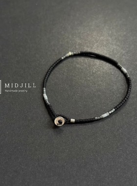 MIDJILL新品 小众低调质感磨砂黑复古做旧925银极细手链中性百搭