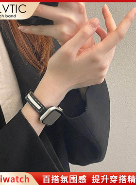 GELVTIC适用苹果手表表带帆布拼皮iwatch8表带蝴蝶扣细款春夏小众