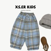 儿童韩版 时尚 经典 2025男女童冬装 格纹加绒加厚宽松日常休闲裤