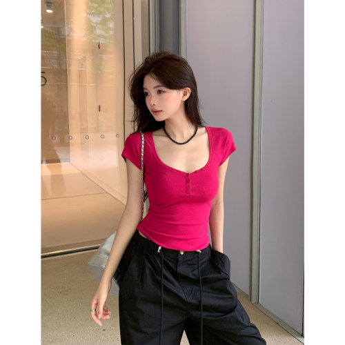 萝力飒辣妹正肩褶皱修身短袖T恤