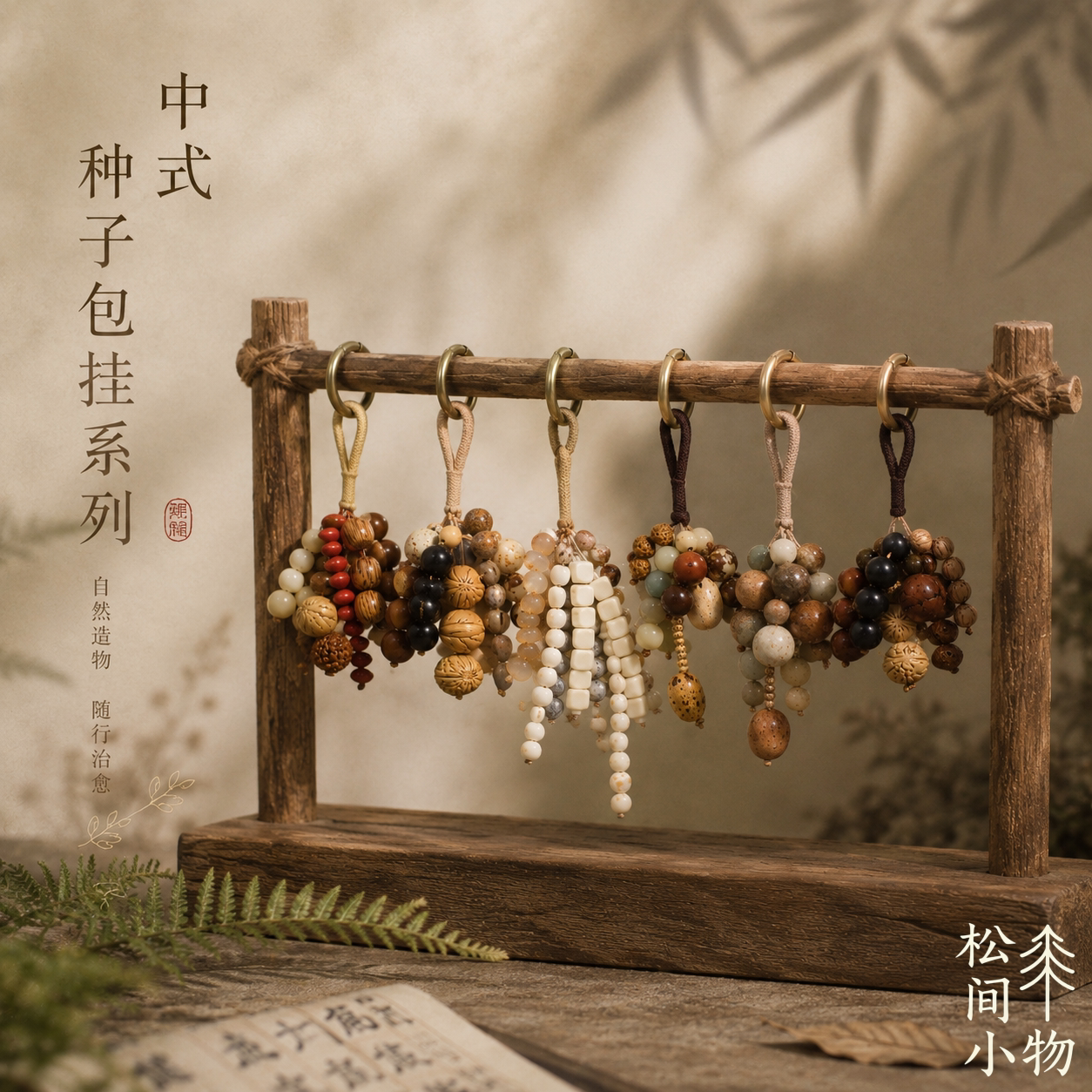 新中式满愿种子串包包挂件手工编织天然菩提钥匙扣文艺复古包挂饰