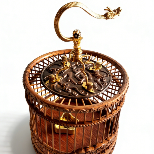 LC05蝈蝈笼草花梨实木蛐蛐笼子圆形徐一舟纯黄铜龙钩手工鸣虫用具