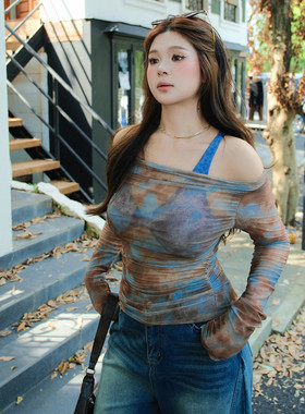 PSG微胖MM大码高弹上衣女辣妹印花网纱紧身一字肩长袖女T恤