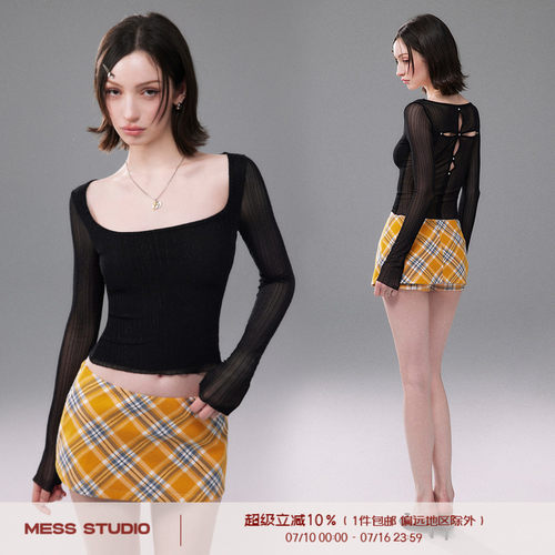Mess Studio 辣妹风性感露背修身微透短款方领长袖黑色上衣女春季