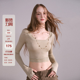 蕾丝拼接浅绿色长袖 Mess 显瘦短款 辣妹设计感修身 上衣女春 Studio