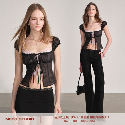 Mess Studio 辣妹设计感小众性感短款方领短袖黑色波点上衣女夏