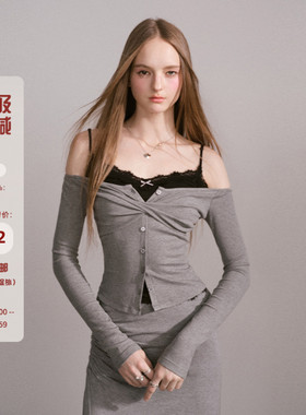 Mess Studio 辣妹高级感灰色修身蕾丝边假两件短款长袖吊带上衣女