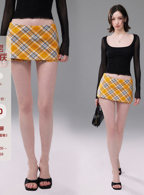 Mess Studio 辣妹风修身型包臀裙防走光短款黄色格子半身裙女春季