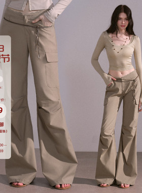 Mess Studio 设计感休闲多口袋长裤直筒宽松阔腿灰绿色工装裤女春