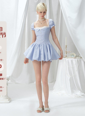 Mess Studio 夏季辣妹裙子收腰蓝白格子花苞裙短袖连衣裙女短裙