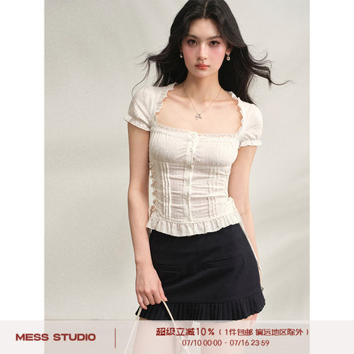Mess Studio 辣妹设计感短款绑带收腰方领上衣短袖白色娃娃衫女夏