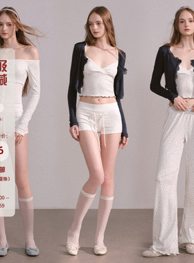 Mess Studio辣妹修身碎花吊带短裤长袖T恤针织开衫休闲裤套装女春