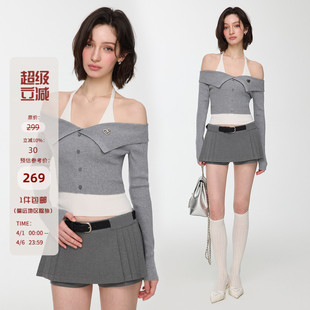 真两件套短款 Mess Studio 辣妹设计感修身 露肩针织上衣女春秋 长袖