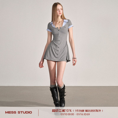 《鹦鹉梨严选》Mess Studio学院风拼接撞色a字收腰翻领短袖连衣裙
