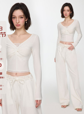 Mess Studio 辣妹设计感短款V领假两件扭结蕾丝长袖T恤上衣女春