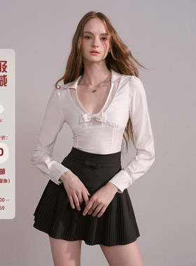 Mess Studio 辣妹设计感收腰拼接蝴蝶结V领T恤白色长袖上衣女春秋