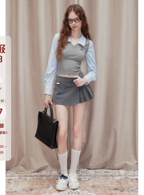 Mess Studio 辣妹穿搭灰色百褶裙高腰显瘦A字裙半身裙女西装短裙