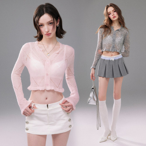 Mess Studio 辣妹设计感软糯镂空V领短款薄款针织开衫上衣女春