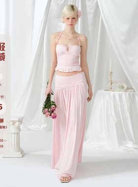 Mess Studio 辣妹性感海边度假收腰挂脖吊带上衣背心女粉色套装裙