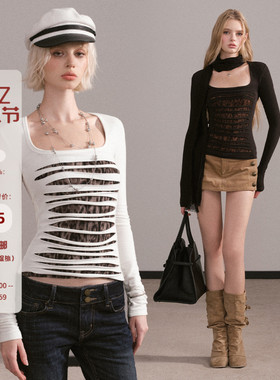 Mess Studio 辣妹设计感小众修身收腰破洞长袖T恤方领上衣女春秋