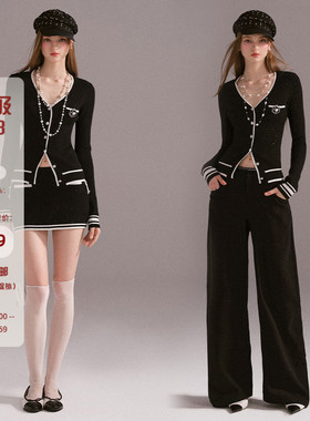Mess Studio 辣妹设计感撞色针织开衫半身裙西装裤黑色套装女春秋