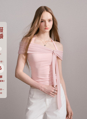 Mess Studio 辣妹修身收腰拼接网纱短款粉色挂脖一字肩上衣女夏