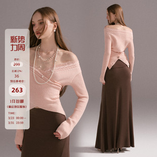 Mess 辣妹设计感气质温柔露肩露背交叉粉色针织毛衣女春秋 Studio