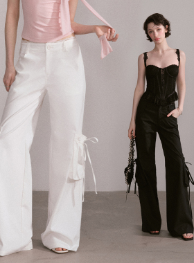 Mess Studio 辣妹甜酷休闲蕾丝腰头拖地直筒宽松长裤白色工装裤女