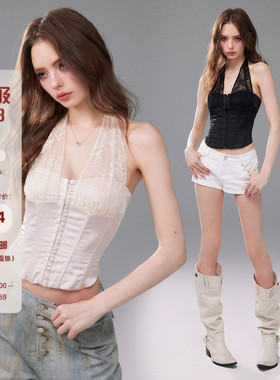 Mess Studio 辣妹修身蕾丝拼接短款挂脖胸衣鱼骨上衣女夏带胸垫