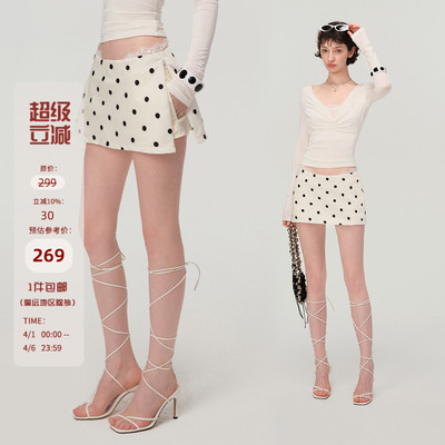 Mess Studio 辣妹设计感a字蕾丝无腰头短款米白色波点半身裙女春