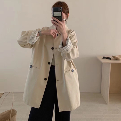 韩系格子翻袖简约单排扣中长款风衣女2025新款高级感休闲宽松外套