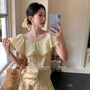 miss佳正品一字肩荷叶边短袖衬衫+碎花半身裙女气质小衫