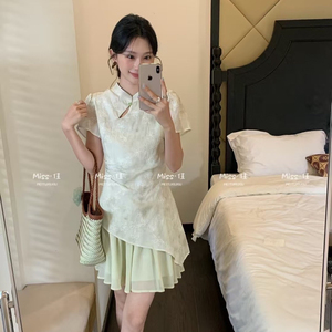 夏季新中式刺绣假两件改良旗袍连衣裙女立领盘扣小个子不规则短裙