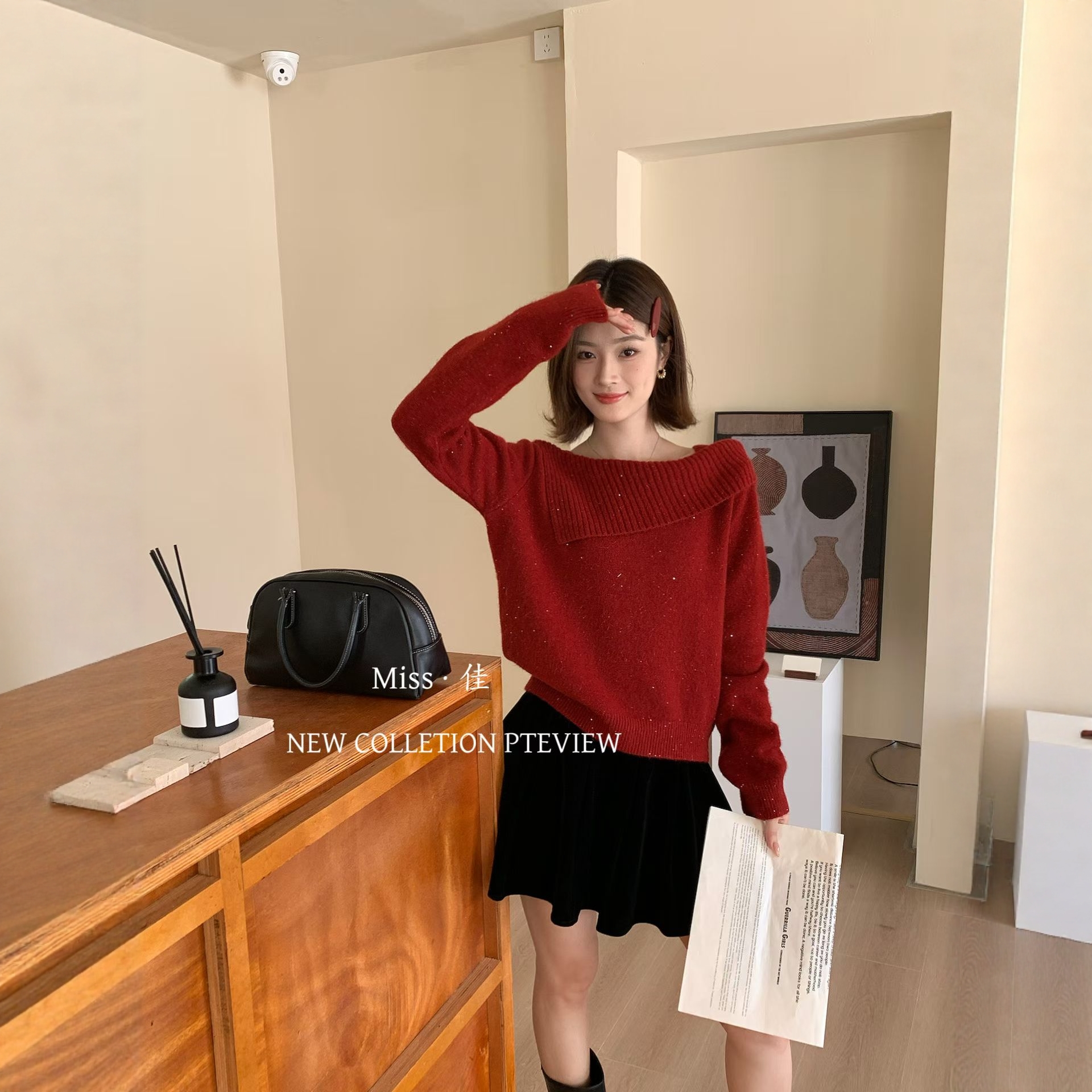 实体店2025秋冬新款韩版宽松慵懒风一字肩亮片针织衫女百搭毛衣