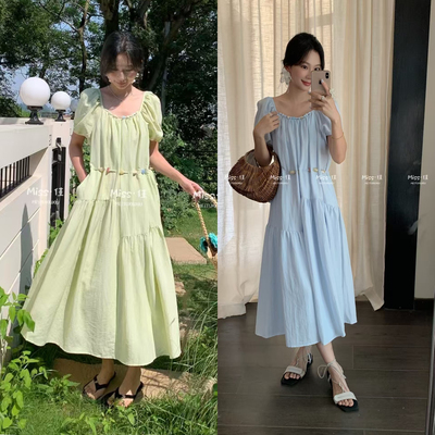 欧货法式泡泡袖短袖连衣裙女夏2025年新款设计感收腰显瘦A字裙子