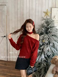 新年战袍亮闪闪露肩红色毛衣女宽松慵懒风过年衣服本命年针织上衣