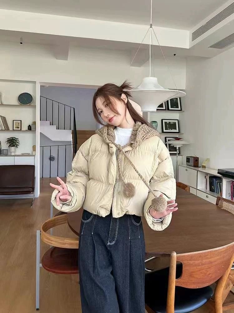 针织连帽毛球羽绒服2024冬装小个子复古白鸭绒短外套
