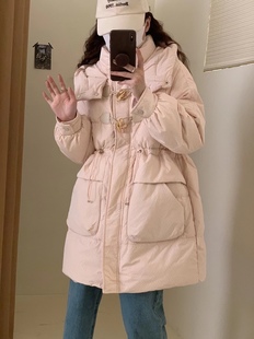 牛角扣羽绒服女白鸭绒中长款时尚小个子冬季收腰收腰加厚外套潮