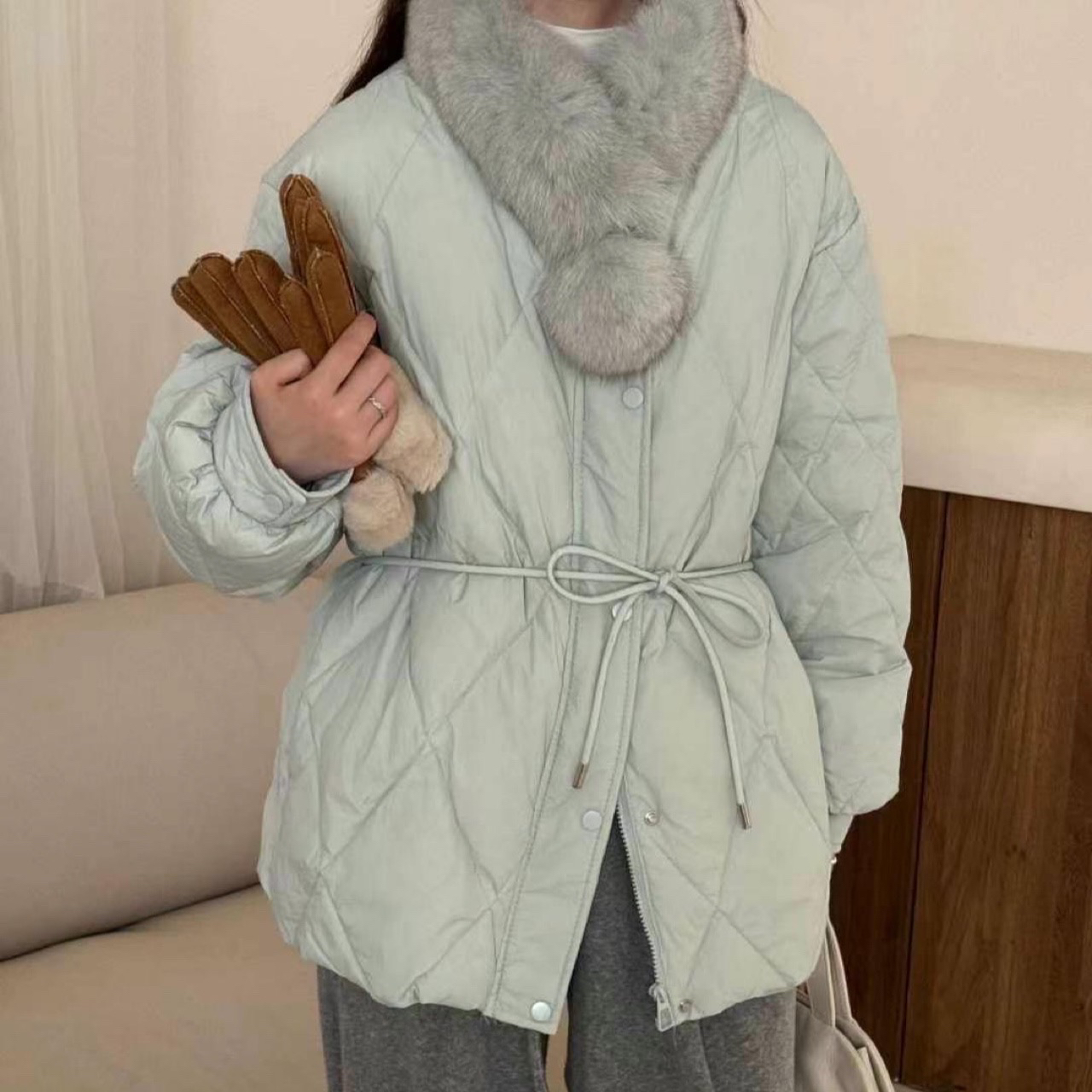 韩系甜美气质系带收腰显瘦羽绒服女90白鸭绒菱格毛领冬季外套