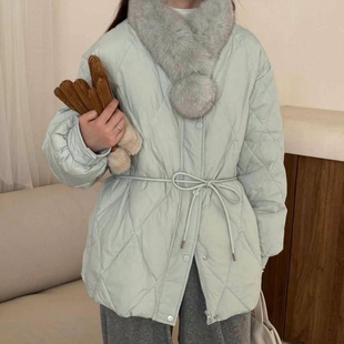 韩系甜美气质系带收腰显瘦羽绒服女90白鸭绒菱格毛领冬季外套