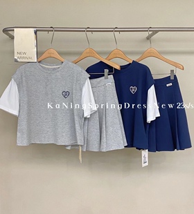 学院风休闲运动套装女2024年夏季韩版宽松短袖百褶短裙两件套