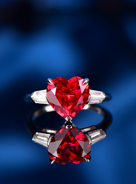 925银镀金 高碳钻 鸽血红 培育合成 红宝爱心 女礼物 情人节戒指