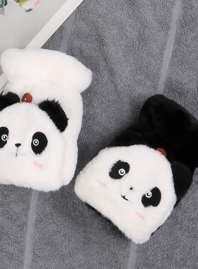 熊猫手套女生冬天可爱半指翻盖加绒学生骑车写字手套卡通ins韩版