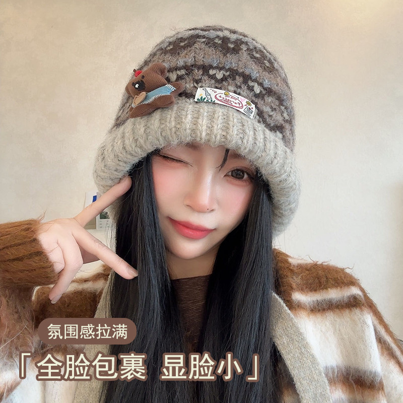费尔岛帽子针织毛线帽女秋冬季新款复古包包保暖护耳堆堆帽