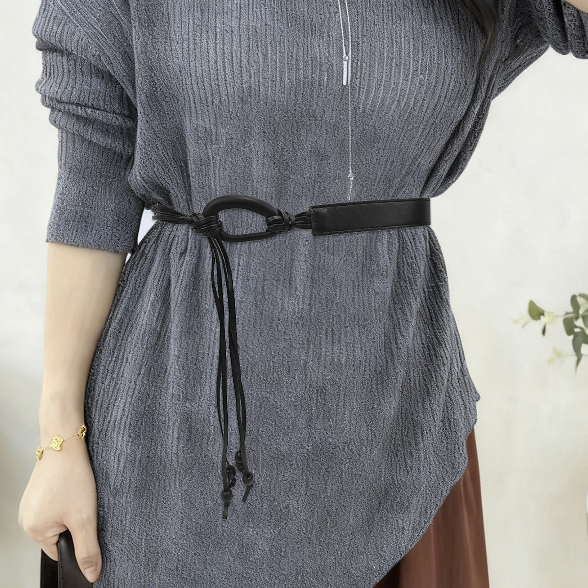 简约pu软皮绳打结腰带女搭配大衣连衣裙束腰装饰毛衣腰绳系带流苏