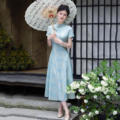 蓝色旗袍夏季新中式妈妈喜婆婆婚宴装2025新款礼服连衣裙端庄