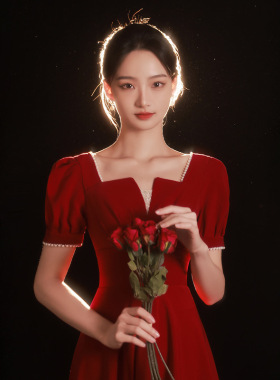 红色缎面敬酒服回门便装连衣裙女春季薄款新娘小个子订婚礼服