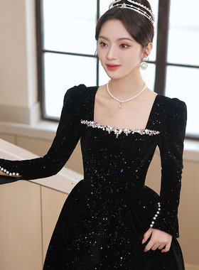 黑色长袖晚礼服女2025新款丝绒名媛宫廷风风范感年会艺考晚礼服