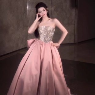 粉色亮闪抹胸晚礼服2025新款学生声乐艺考音乐生公主裙宴会
