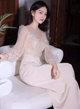 晚礼服女宴会2025新款重手工主持人收腰鱼尾长款香槟色连衣裙
